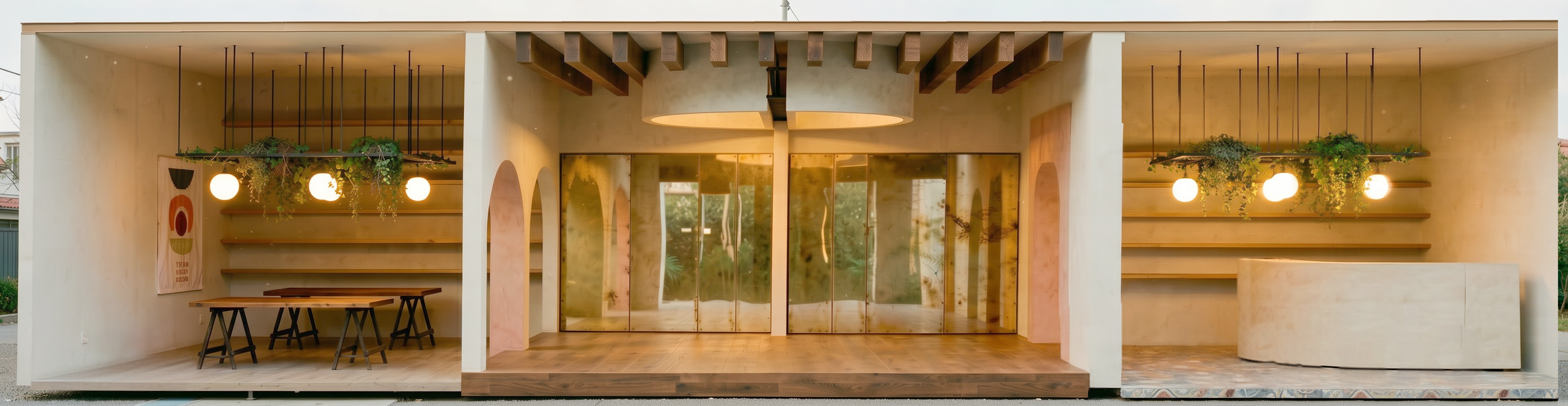 Salón de pilates y cerámica lámparas madera Nanocal